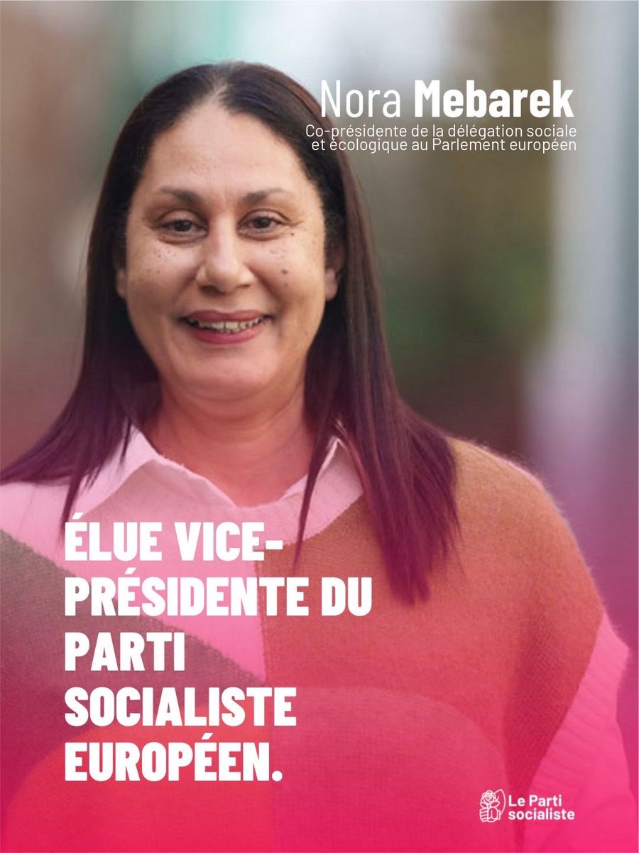 👏 Félicitations à <a href="/NoraMebarek/">Nora Mebarek</a>, notre co-Présidente de délégation au Parlement Européen, élue vice-Présidente du Parti socialiste européen !