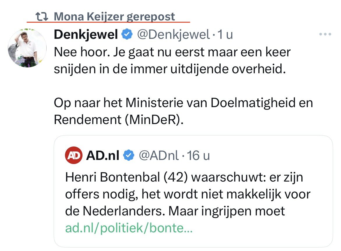 Hier moest ik toch wel om lachen. Het zijn niet de mensen die hun werk doen die het meeste geld kosten. Het zijn de Mona Keijzers, de van der Plasjes, de Wiersma’s en de Geert Widersjes die de overheid geld kosten. De talloze, onzinnige moties die niet uitvoerbaar zijn of zelfs