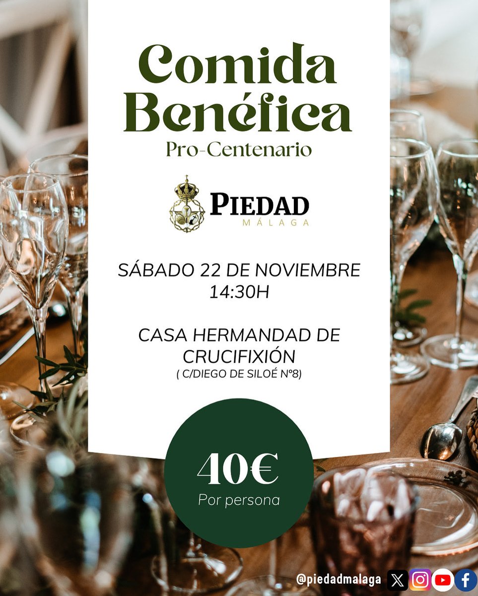 Nuestra Hermandad organiza Comida Benéfica Pro-Centenario el próximo 22 de noviembre a las 14:30 h, en la casa hermandad de Crucifixión.

Puedes reservar tu plaza escribiendo un correo a protocolo@piedadmalaga.com

Disponible menú infantil a 15€.

¡Os esperamos! #cofradiasmlg