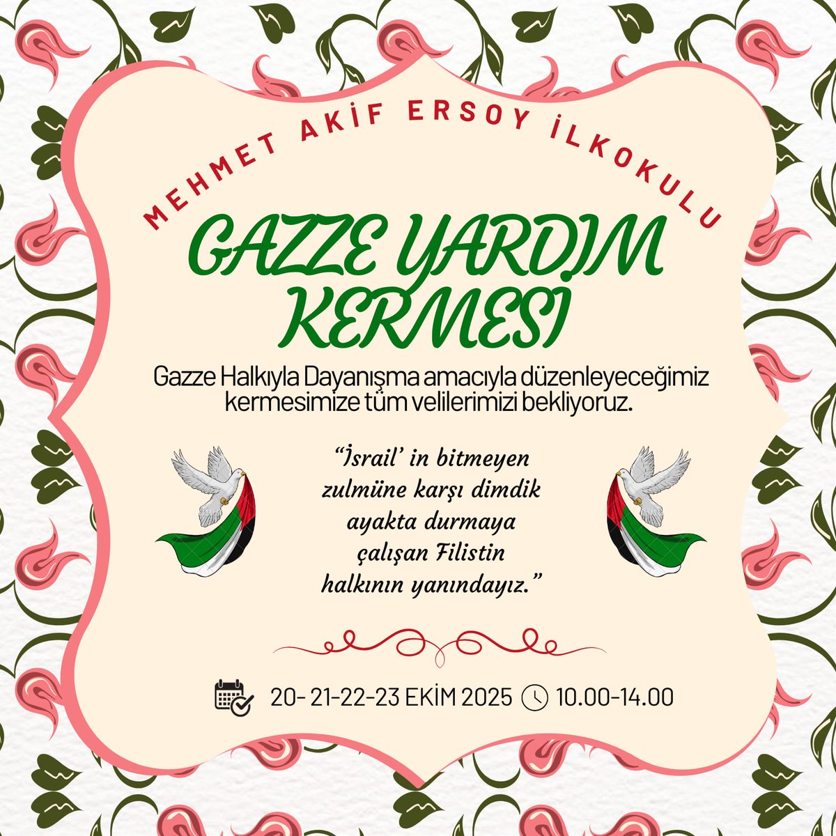Gazze halkıyla dayanışma amacıyla düzenleyeceğimiz kermesimize tüm velilerimiz davetlidir. 
<a href="/tcmeb/">Millî Eğitim Bakanlığı</a> <a href="/Yusuf__Tekin/">Yusuf Tekin</a> <a href="/MemAnkara/">Ankara İl Millî Eğitim Müdürlüğü</a> <a href="/Murat4Kucukali/">Murat Küçükali</a> 
<a href="/pursaklar_ank/">T.C. Pursaklar Kaymakamlığı</a> <a href="/PursaklarMem/">Pursaklar İlçe Millî Eğitim Müdürlüğü</a> <a href="/mustafakilicgil/">Mustafa Kılıçgil</a> <a href="/AbdullahOymak2/">Abdullah Oymak🇹🇷</a>