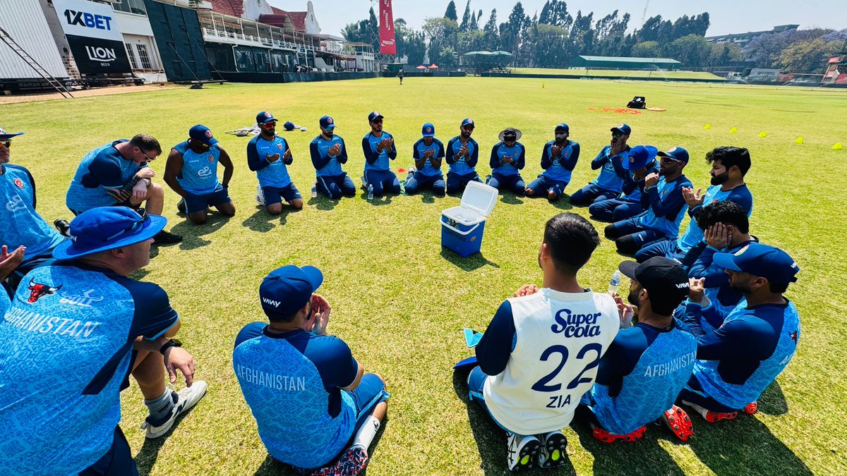 ACBofficials's tweet image. AfghanAtalan, during their practice session ahead of the one-off Test match against Zimbabwe, gathered together to pay tribute to the victims of the tragic attack in Paktika province and expressed their deepest condolences and solidarity with the bereaved families and all Afghans…