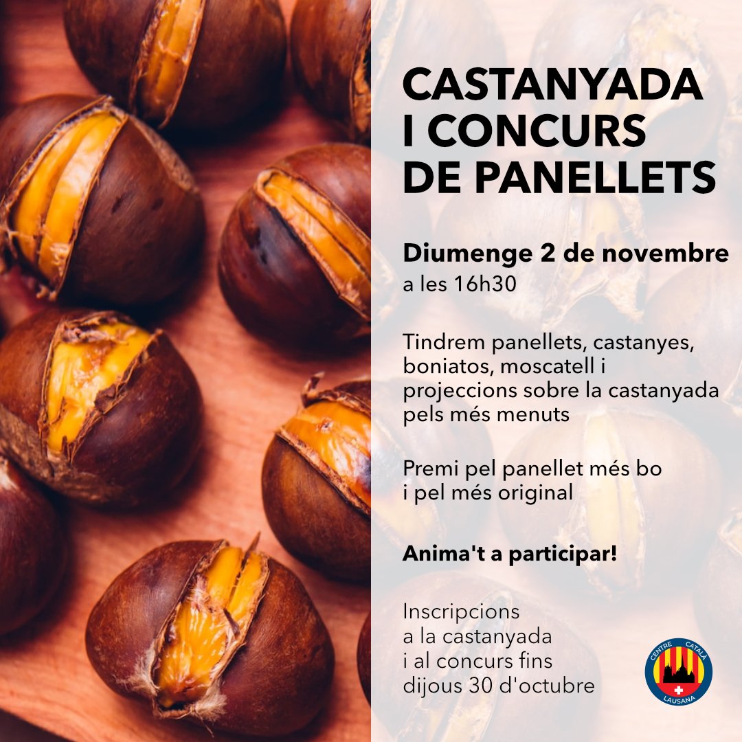 Vine a celebrar la castanyada amb nosaltres i anima't a participar al concurs de panellets!

Inscripcions i tota la informació aquí: catalansasuissa.org/th_event/la-ca…

—
#ccl #centrecatalalausana #lausanne #vaud #suisse #catalanspelmon #catalans #somcasals
