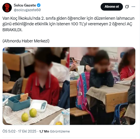 Tek tek doğrusunu yazalım da gerçekler arada kaynamasın.
***
❗️Yemek yemeyen öğrencilerden birinin velisi bizzat aynı okulda öğretmen. Çocuğunun 'sağlık hassasiyeti' nedeniyle lahmacun tüketmesine izin vermiyor.
‼️Diğer öğrencinin velisi de, çocuğunun “dışarıdan et”