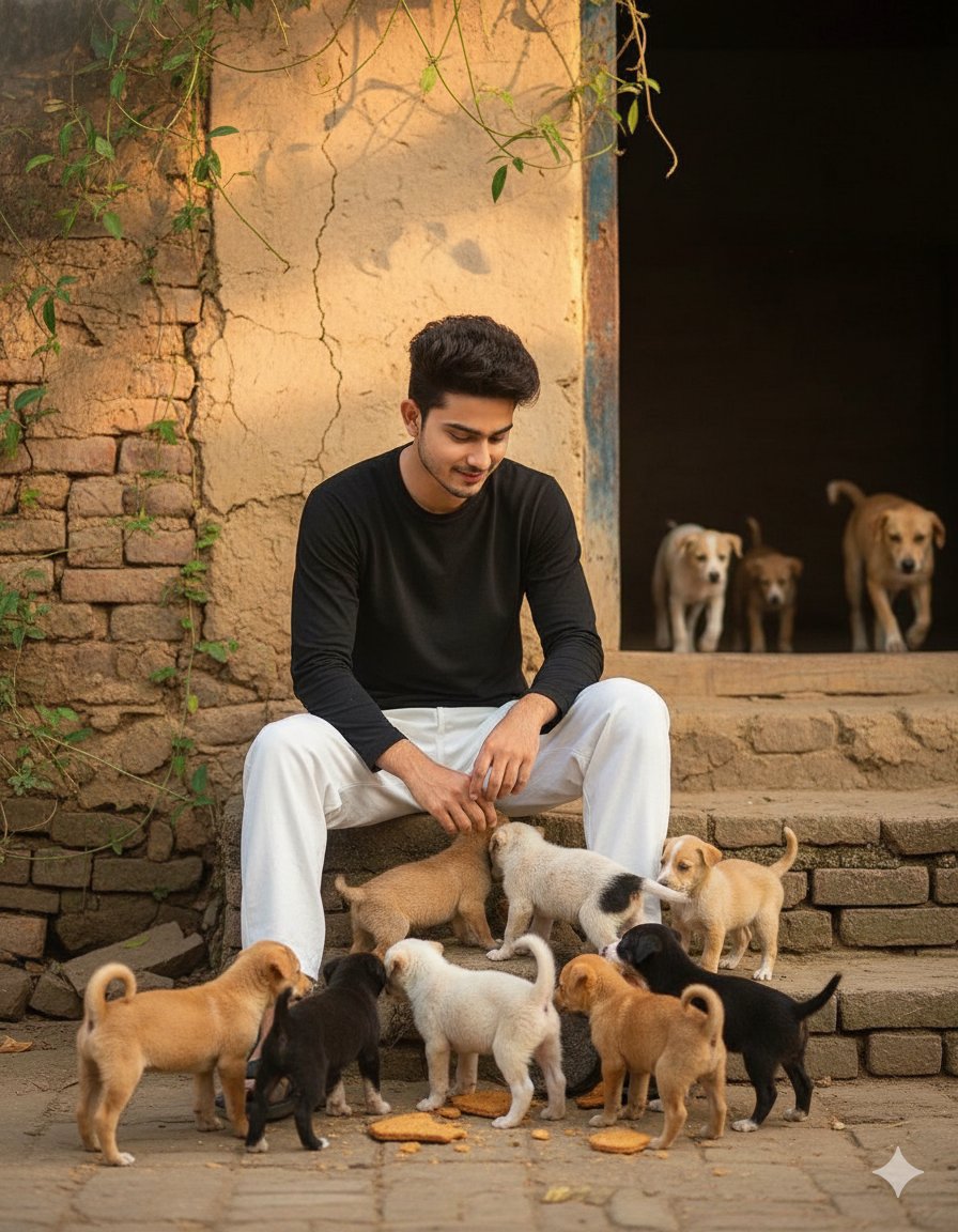 This so cute 🥰 Prompt with Puppies 

Use Google Gemini ai 🍁 

Prompt 👇 

Portrait of a young man sitting on the front steps of a mud house, an puppys and more colours 8 puppys feeding with biscuits.Wearing a black full sleeve shirt and white pant, hands tuching on little