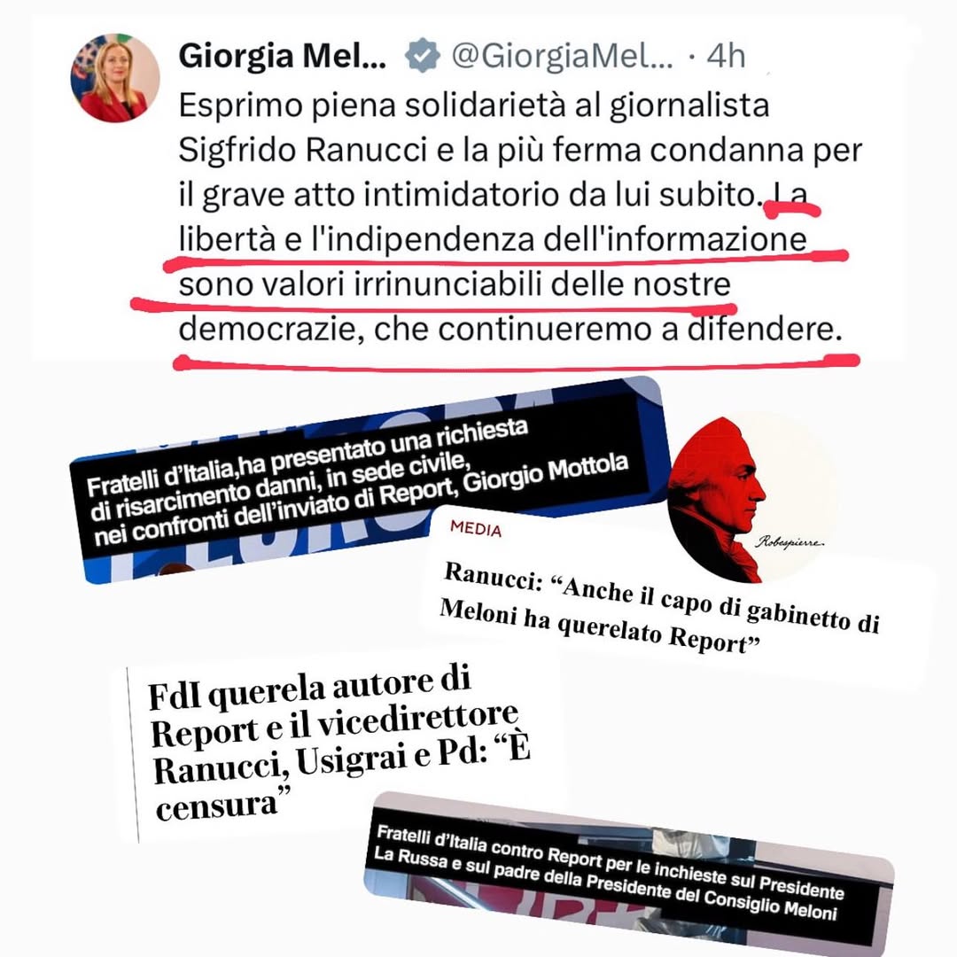 Piena solidarietà, fin che non toccano lei e i suoi accoliti, se no..
#GiorgiaMeloni Vs #Ranucci #REPORT