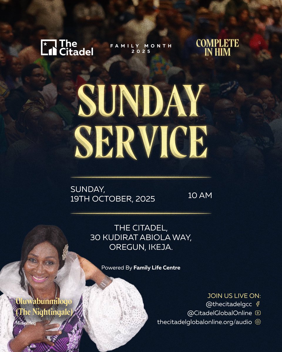 TheCitadelGCC's tweet photo. Join us tomorrow for a special Family Month celebration! โค๏ธ
Weโre excited to have Minister Oluwabunmilogo minister to us in songs, and a powerful drama presentation from our Drama Unit.
Come with your whole familyโthereโs something for everyone!
#TheCitadelGCC
#CompleteInHim https://t.co/hm9kygEKun