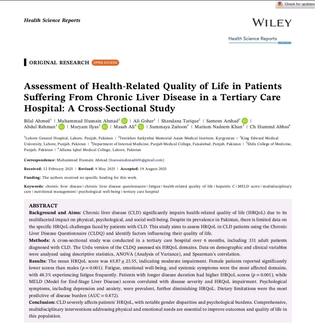 smasabalee's tweet photo. Thrilled to share that our study, “Assessment of Health-Related Quality of Life in Patients with Chronic Liver Disease in a Tertiary Care Hospital: A Cross-Sectional Study” has been published in  Health Science Reports - Wiley Online Library. https://t.co/Bv63i00q30