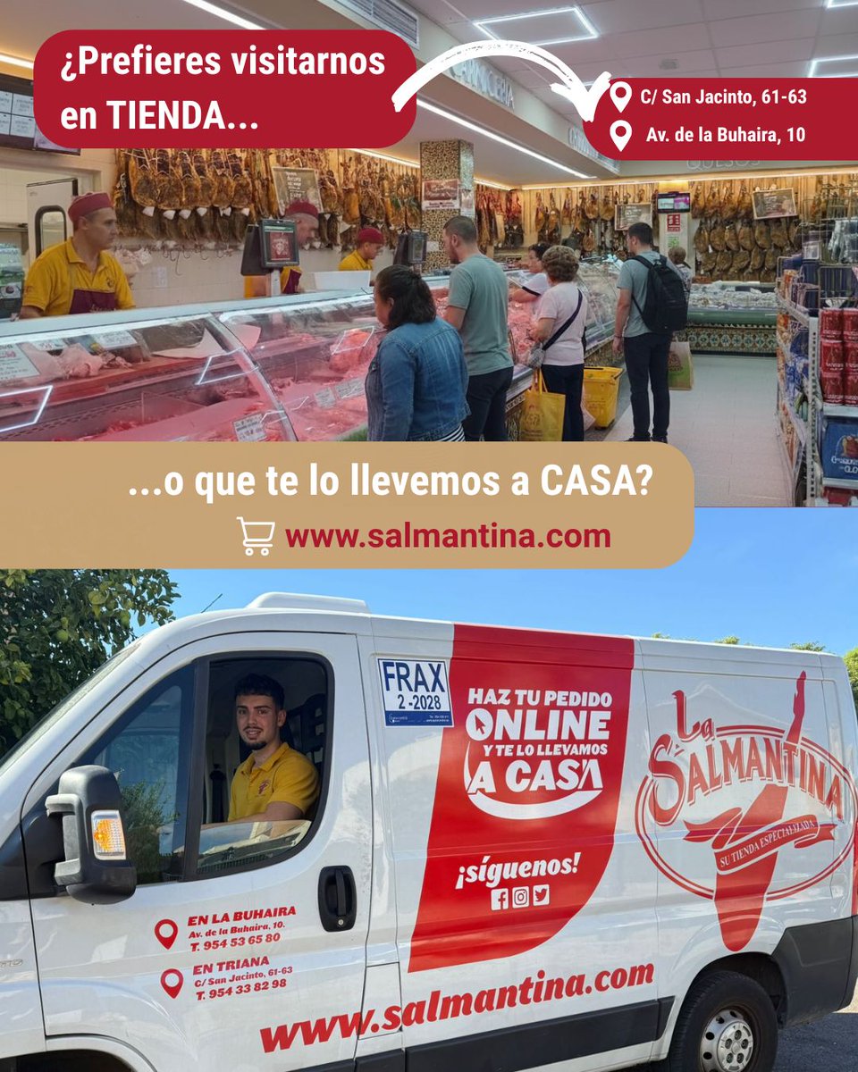 Tú decides cómo disfrutar del sabor de siempre.
📍 En Triana y La Buhaira te recibimos como en casa
🚚 ¿Prefieres quedarte en casa? Haz tu compra en: salmantina.com y te lo llevamos a casa.

#LaSalmantina #SaborConTradición #TeLoLlevamos #CompraOnline #DeTrianaAlMundo