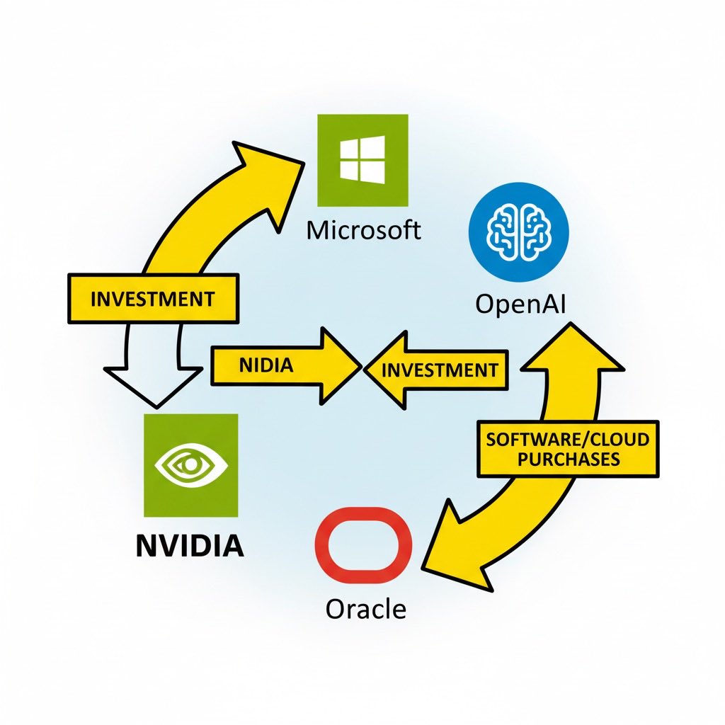أوراكل تأخذ المال وتدفعه لـ نفيديا (لتشتري شرائح الـ GPU).نفيديا تقوم بـ "الاستثمار" (تضخ مبالغ ضخمة تصل إلى 100 مليار دولار تدريجياً في OpenAI لضمان استمرار شرائها لعتاد نفيديا).الخلاصة: الكل يدفع للآخر لضمان استمرار إنتاج هذا "النفط الجديد" (القوة الحاسوبي). #openai
