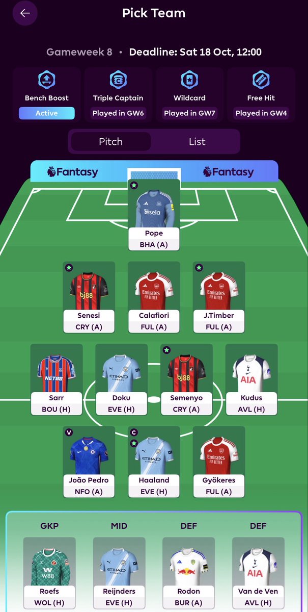 FPLFC_'s tweet photo. GW 8 ⚡️

JE DZIE MY!

Bench boost zagrany bo nie chce mi się czekać z tym na lepszy moment i chce mieć go z głowy, a i kolejki nienajgorsze.

🌍 OR: 390k
🔄 Transfer Zachowany 
🧢 Haaland

#fpl #fantasypremierleague https://t.co/uBmWDFLt2n