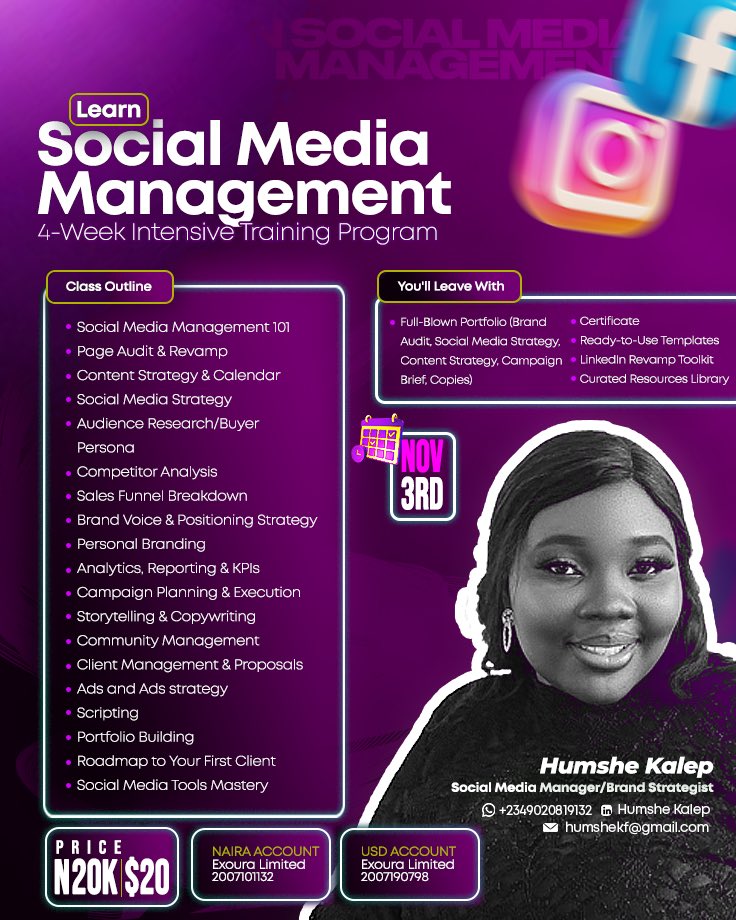 BREAKING 🚨

Woman teaches Social Media Management, brings an actual Ads expert, charges ₦20k only and can’t believe she’s finally marketing it properly 

Cohort 4. November 3rd.