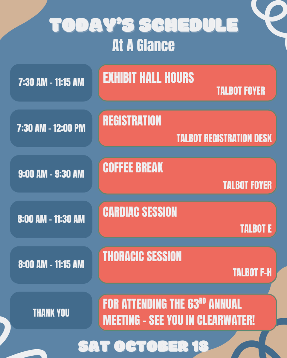 ECTSS_CTsurg's tweet photo. Today is a bittersweet one... here is today's schedule. Thank you all for attending. CME will be available in the meeting app at the conclusion of the Annual Meeting. We hope to see you all in Clearwater next year! CHEERS to an AMAZING 2025 MEETING! #ECTSS2025 https://t.co/uCm0NaPBSY