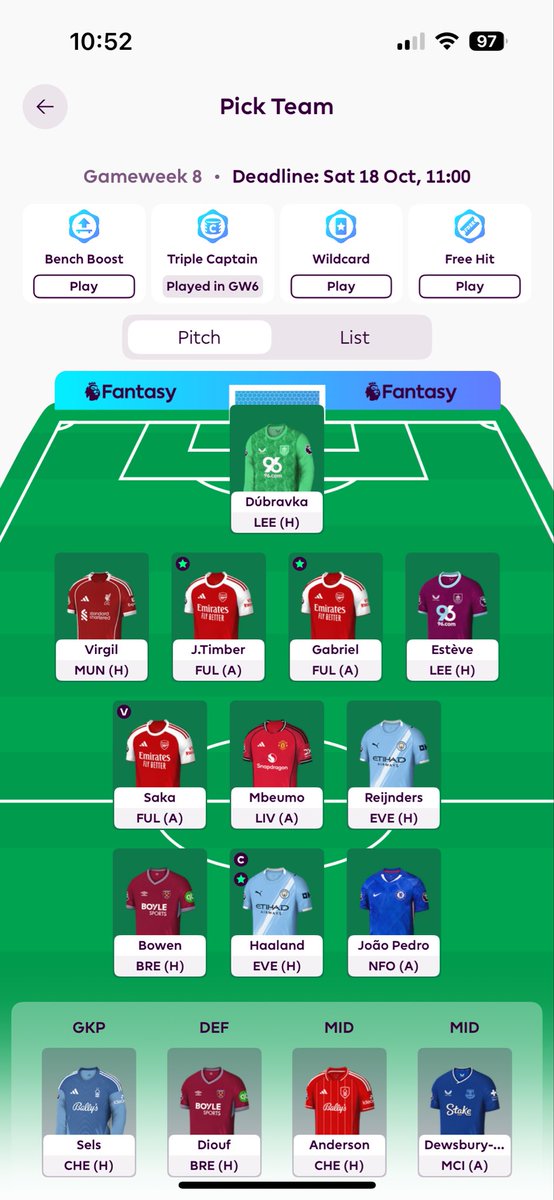 🔒 - GW8🚨
©️ - Haaland🤖👑 
🔄 - Porro➡️Timber🪵
🌍 - 2.8m

Timber completes the Arsenal triple up. Backing the Burnley defence boys, BB looking likely next week👀
Good luck this week all! 
#FPL #FPLCommunity