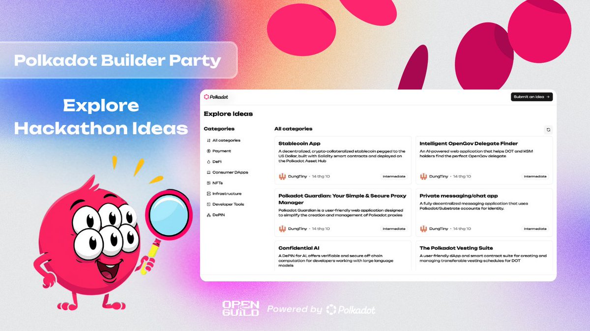 openguildwtf's tweet image. Polkadot Builder Party - Idea List
GM @Polkadot builders,
Still brainstorming what to build for the Polkadot Builder Party 2025?
We got something for you 💡
Our DevRel team curated a list of handpicked ideas - from dApps and tooling to parachain use cases and experiments -…