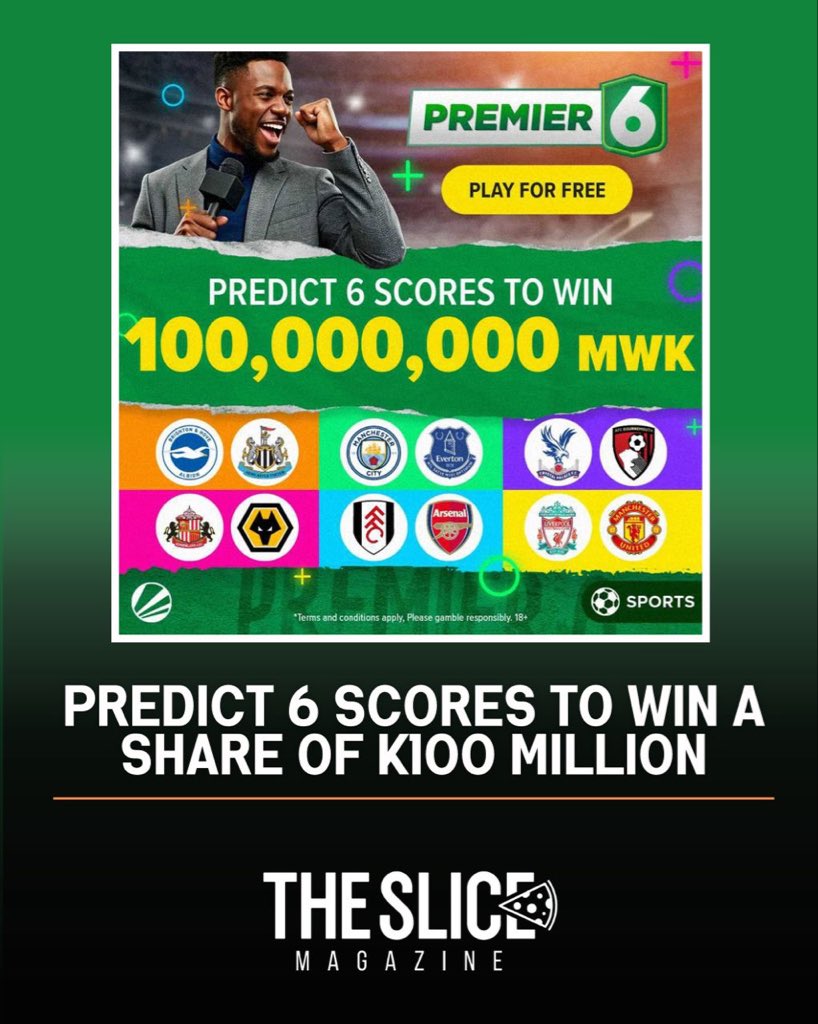 The English Premier League is back! 

Win your share of K100 Million with Premier 6 by predicting the scores of 6 games correctly! 

Register &amp; use code THESLICE ⤵️
premierbet.com/mw/bonus/regis…

Ts &amp; Cs Apply | Gamble Responsibly | 18+