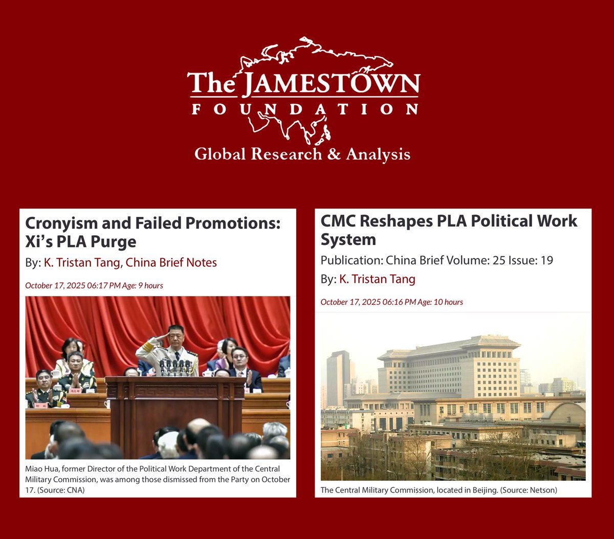 K. Tristan Tang (@ktristantang) on Twitter photo Regarding the purge of PLA generals He Weidong and Miao Hua, I have published four analyses with <a href="/ChinaBriefJT/">Jamestown China Brief</a> <a href="/JamestownTweets/">Jamestown Foundation</a> over the past six months, including two newly released yesterday.
My analysis is based on a comparison of official press releases and PLA documents Regarding the purge of PLA generals He Weidong and Miao Hua, I have published four analyses with <a href="/ChinaBriefJT/">Jamestown China Brief</a> <a href="/JamestownTweets/">Jamestown Foundation</a> over the past six months, including two newly released yesterday.
My analysis is based on a comparison of official press releases and PLA documents