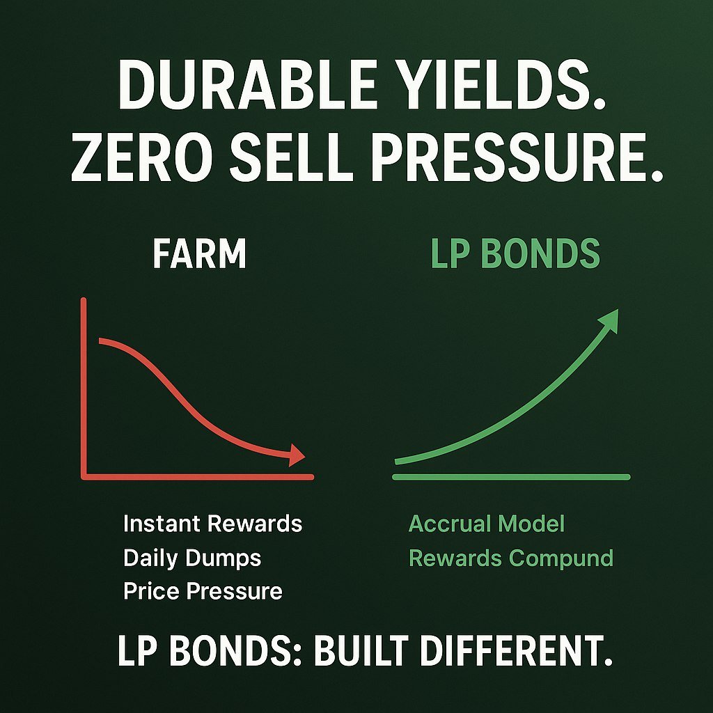 GonnaMakeItNFTs's tweet image. Most farms = daily dumps &amp;amp; death spirals 💀

GMI’s LP Bonds flip the game with an Accrual Model:
💧 Rewards compound inside your Bond-NFT, no daily sell pressure
🔒 LP stays locked (10y), but you stay 100% liquid, sell the bond anytime
📈 Emissions fuel depth, not dumps…