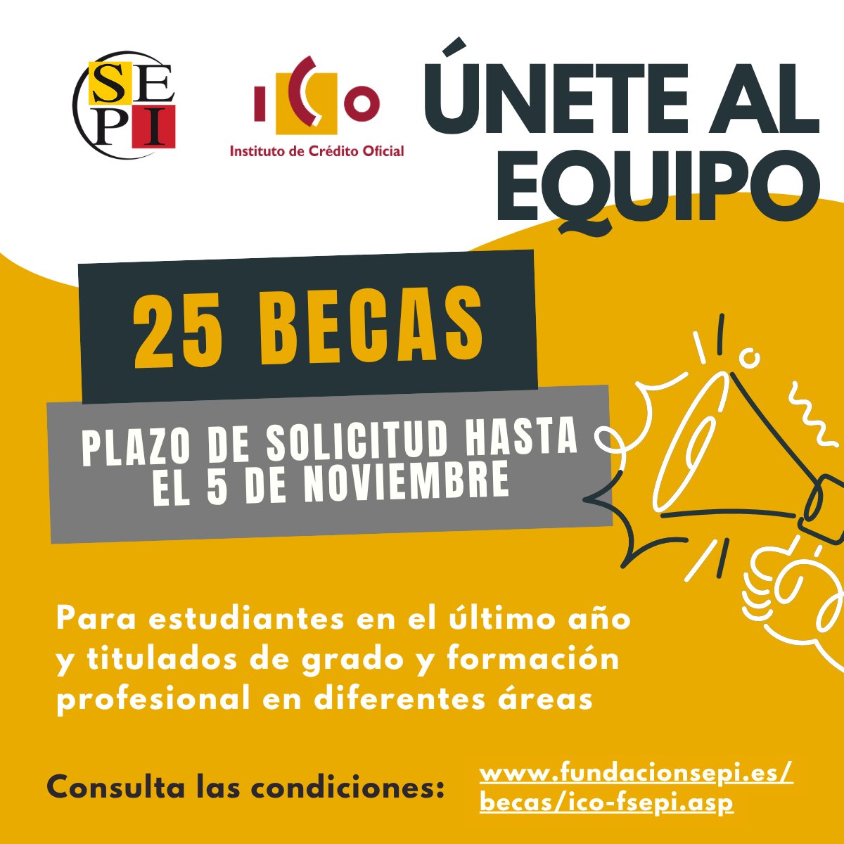 📣Nueva #OfertadeEmpleo #EmpleoPúblico #Becas para trabajar en <a href="/ICOgob/">ICO</a> y #AxisICO

💼La <a href="/FundacionSEPI/">Fundación SEPI</a> convoca 25 nuevas becas dirigidas a jóvenes recién o a punto de titularse en diferentes áreas de estudio #universidad #formaciónprofesional

📅Inscripciones hasta el 5 de