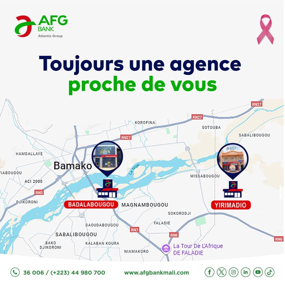 afgbankmali's tweet image. A Bamako, il y a toujours une agence AFG Bank proche de vous.

Sur la rive droite, nous vous accueillons à Badalabougou et à Yirimadio 

Du lundi au jeudi : de 8h à 16h

Vendredi : 8h à 12h.
Samedi : 9h à 12h

A très vite !

#AFGBankMali #Proximité #RiveDroité