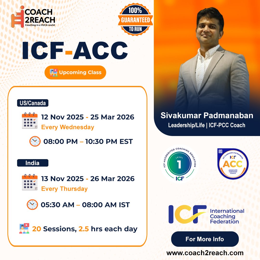 Coach2Reach's tweet image. Are you ready to step into the world of professional coaching? Our ICF-ACC program equips you with the foundation to coach with confidence and global recognition.
Enroll today and take your next step toward becoming  globally recognized coaching professional.
#ICFACC #ICFCoaching