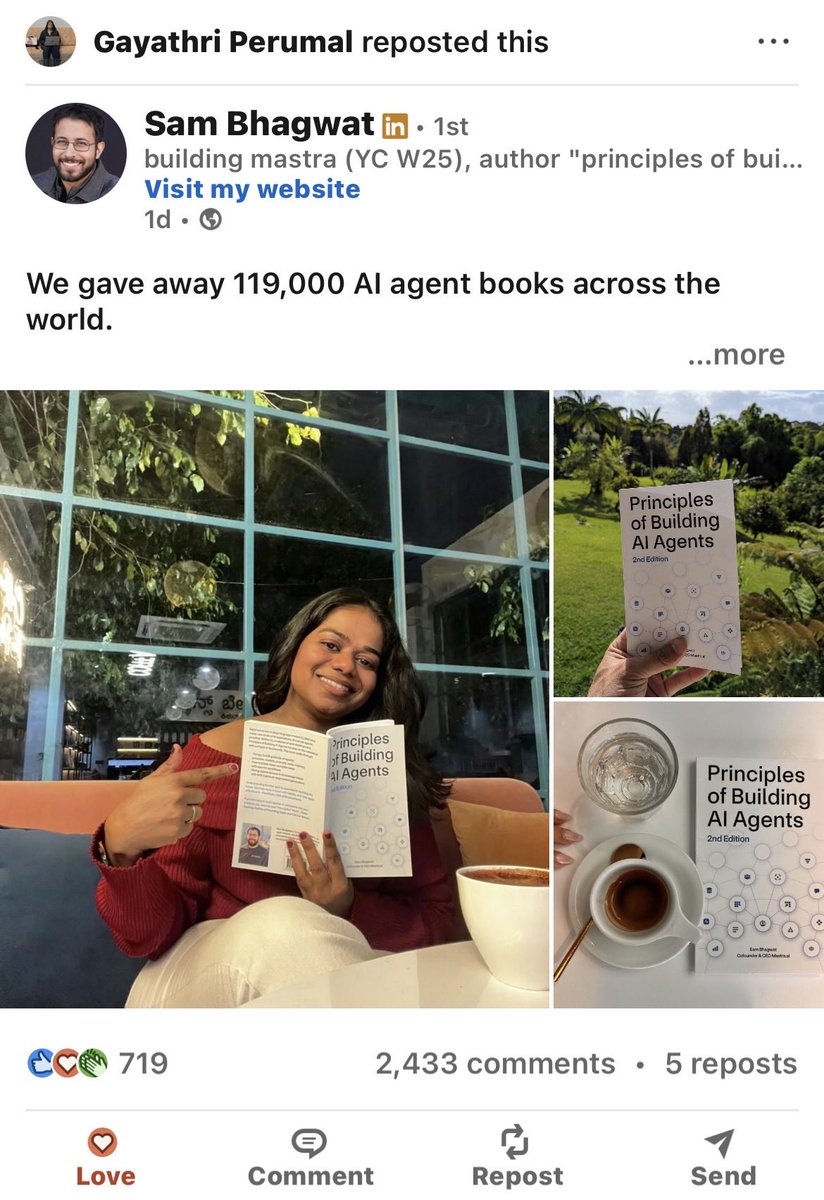 Are you someone trying to learn how to build AI agent? 
Go ahead comment book to this linkedin post. You will get a free book!

@mastra_ai is going pretty viral. I have spoke to my friends who are already using it in their company. And heard amazing feedback.