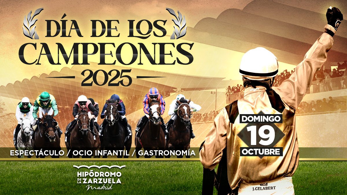 Mañana domingo 19 oct.´25 (11:30 h) se celebra en <a href="/HipodromoMadrid/">Hipódromo de La Zarzuela</a> una nueva edición del "Día de los Campeones" con 2 grandes citas: el GP Ruban (3ª carrera y 45.900 € a repartir) y el GP M.D. de Toledo (5ª y 68.000 €) ¡Será una jornada especialmente emocionante, no faltéis! 🏆