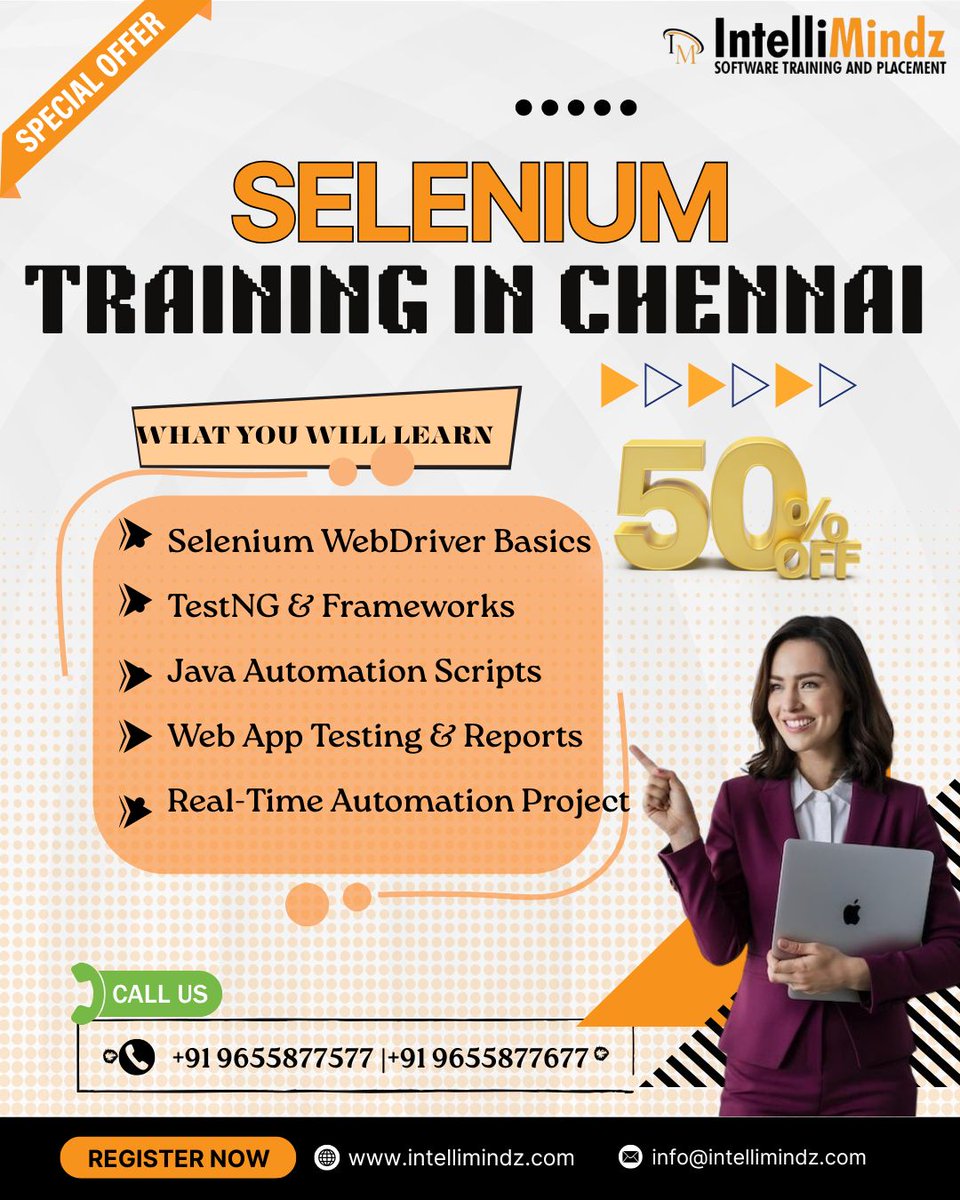 intellimindz_in's tweet image. Master web automation with Selenium Training in Chennai at IntelliMindz! Enroll now! #SeleniumTraining #ChennaiTech #TestAutomation #SoftwareTesting #AutomationTesting #QA #TechCareers 📞 +91 9655877577 | 📷 info@intellimindz.com 📷intellimindz.com