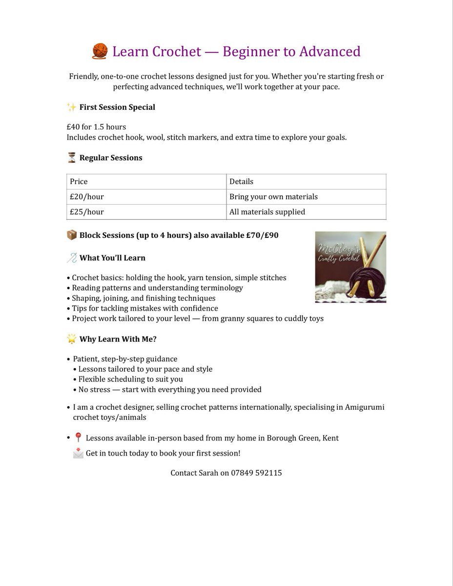 McCloy15's tweet image. Learn to crochet or refresh your skills🧶 
Individual or Shared Lessoms 🧶
Beginners to Advanced welcome 🧶
Based in Borough Green, Kent

#crochetlessons #learntocrochet #crochettutoring #boroughgreen #kent