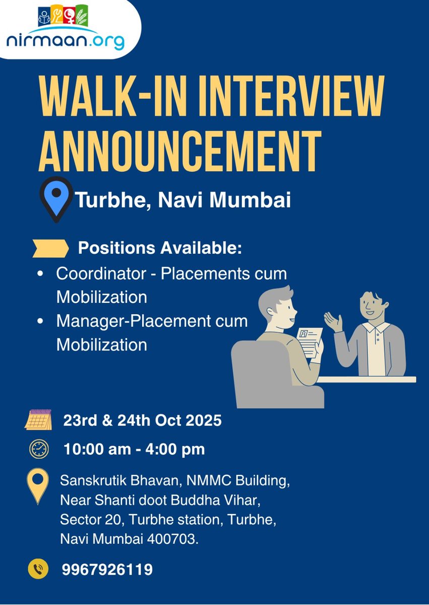 Nirmaan_Org's tweet image. Walk-In Alert!

Don’t miss this chance, bring your resume and join us in making an impact!

#WalkInInterview #JobOpportunity #HiringNow #CareerGrowth #JoinNirmaan