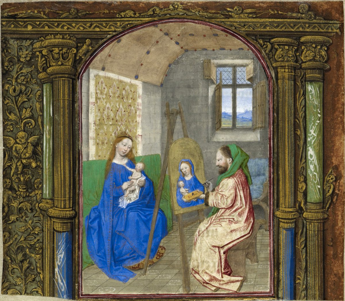 Isn't it a lovely thought that the Virgin Mary spent hours patiently sitting with the infant Jesus at the home of St. Luke the Evangelist, so that he could paint her portrait - and that she used the moment to tell him the whole sacred story of salvation?
<a href="/BLMedieval/">Medieval Manuscripts</a> Add. 71117 B