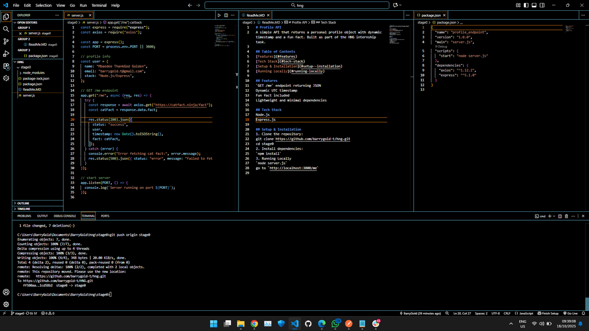 barrygold_t's tweet image. Just built an API.  GET /me returns my email, name, stack &amp;amp; a fun fact. Lightweight, fast &amp;amp; easy to use. Check it out on GitHub (github.com/barrygold-t/hn…)! 
#Stage0 #API #WebDev #HNG13