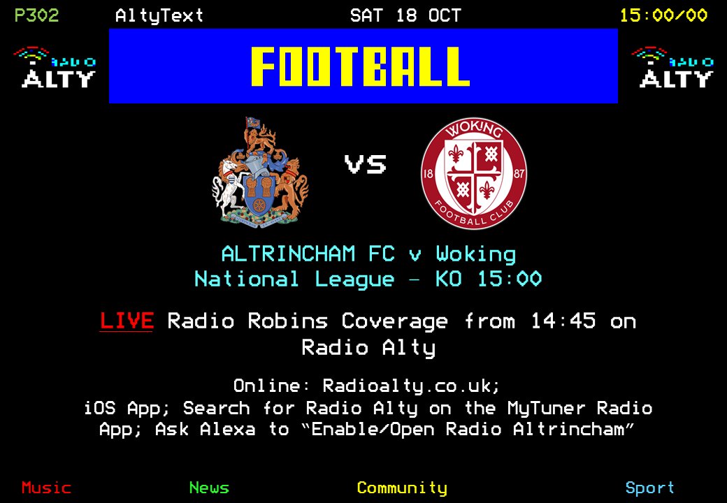 It's back to the <a href="/NL_Enterprise/">Enterprise National League</a> this afternoon as <a href="/altrinchamfc/">Altrincham FC</a> host <a href="/wokingfc/">Woking Football Club</a> at the J Davidson Stadium. Live Radio Robins commentary from <a href="/tomjolley9/">Tom Jolley</a> and Ben Edwards kicks off from 14:45 on Radio Alty - the official Altrincham FC station. #YourTownYourClub
