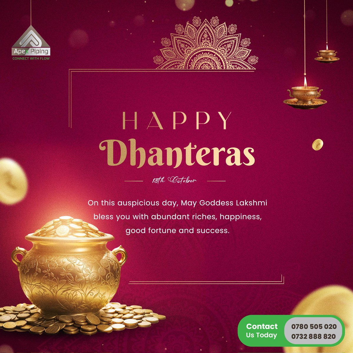 Apex_Piping's tweet photo. Happy Dhanteras

May Goddess Lakshmi bless your home with prosperity and good fortune! https://t.co/Bhqj4twCRt