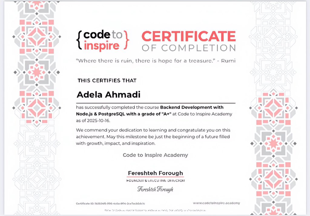 Adela_786's tweet image. I’m excited to share that I’ve completed my Backend Development course.Grateful for all knowledge, support and guidance from my instructor @E_Ehrari .Thank you for the efforts of @f_forough who has provided us with such excellent conditions in @CodeToInspire 🩷🎉
#AfghanGirlsCode