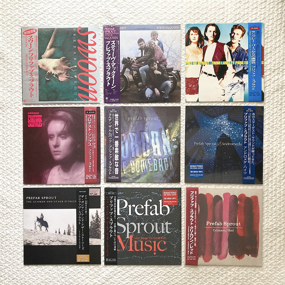 muselection's tweet image. Prefab Sprout
アナログ+OBI：最強和装オビセッション

『ガンマン』のアナログ化が超嬉しくて輸入盤オンリーだったオリジナルアルバムにまたお手製の帯をこさえて巻いてみました！
今回の7本のLP帯は日本初回盤CDの帯を参考にアレンジを施した、いわゆる妄想オビになります！
instagram.com/p/DP8mVs7gU-Q/…