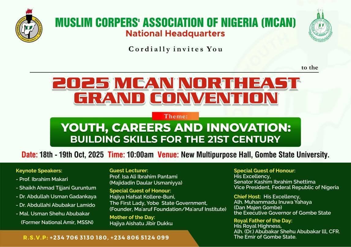 IbrahimVokna's tweet photo. Upcoming MCAN Event in Gombe. 

#ProfIsaPantami is the National Chairman of the Board of Trustees of the Muslim Corpers' Association of Nigeria (MCAN) and the Guest Lecturer, but he will be represented at the event in sha Allah due to unavoidable commitments. https://t.co/JfHEkYnrRW
