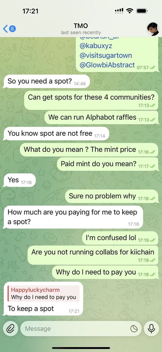 Happy weekend everyone 

With the growing hype around the <a href="/KiiChainio/">KiiChain</a> Genesis NFT Collection. 

There is someone impersonating me on Telegram to scam people demanding payment for whitelist spots.

Please note: that is not my Telegram account.

All collabs are handled only through