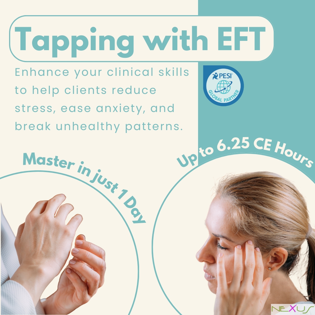 NexusCollege's tweet image. 🖐️ Level up your therapy game with EFT!
Join Master Trainer Joan Kaylor for a 1-day hands-on webinar & learn to reduce anxiety, stop self-sabotage & integrate EFT with CBT/EMDR.
🎓 Use our link for a discount 👉 my.pesi.partners/22M3FLL/2BSK2J…
#EFT #TappingTherapy #Therapists