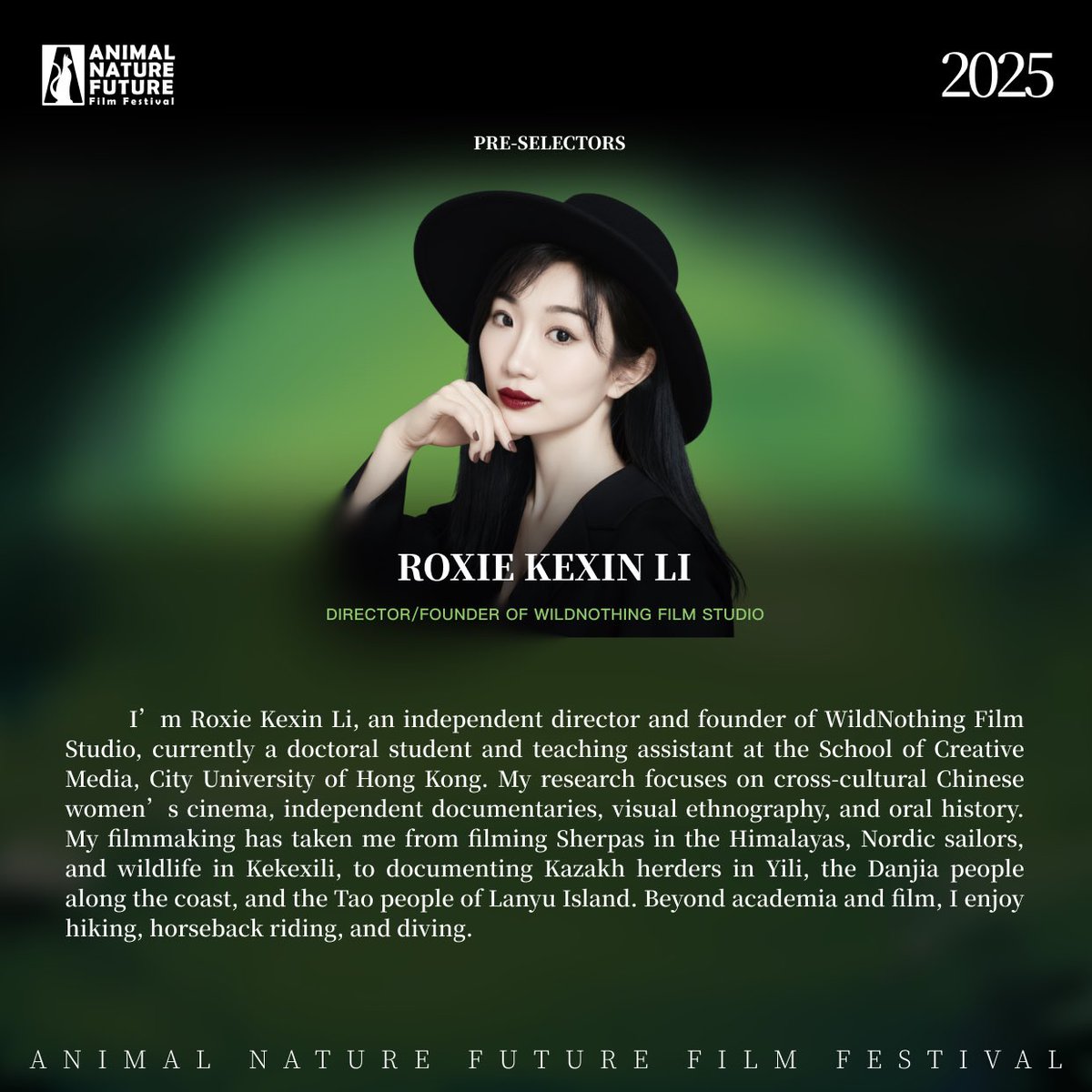 ANFFF25 Official Selection:
Pre-Selector 10 Spotlight — ROXIE KEXIN LI

Tickets are now available at: anfff.org.

❤️ “Loving animals and nature is both a career choice and a way of life.”