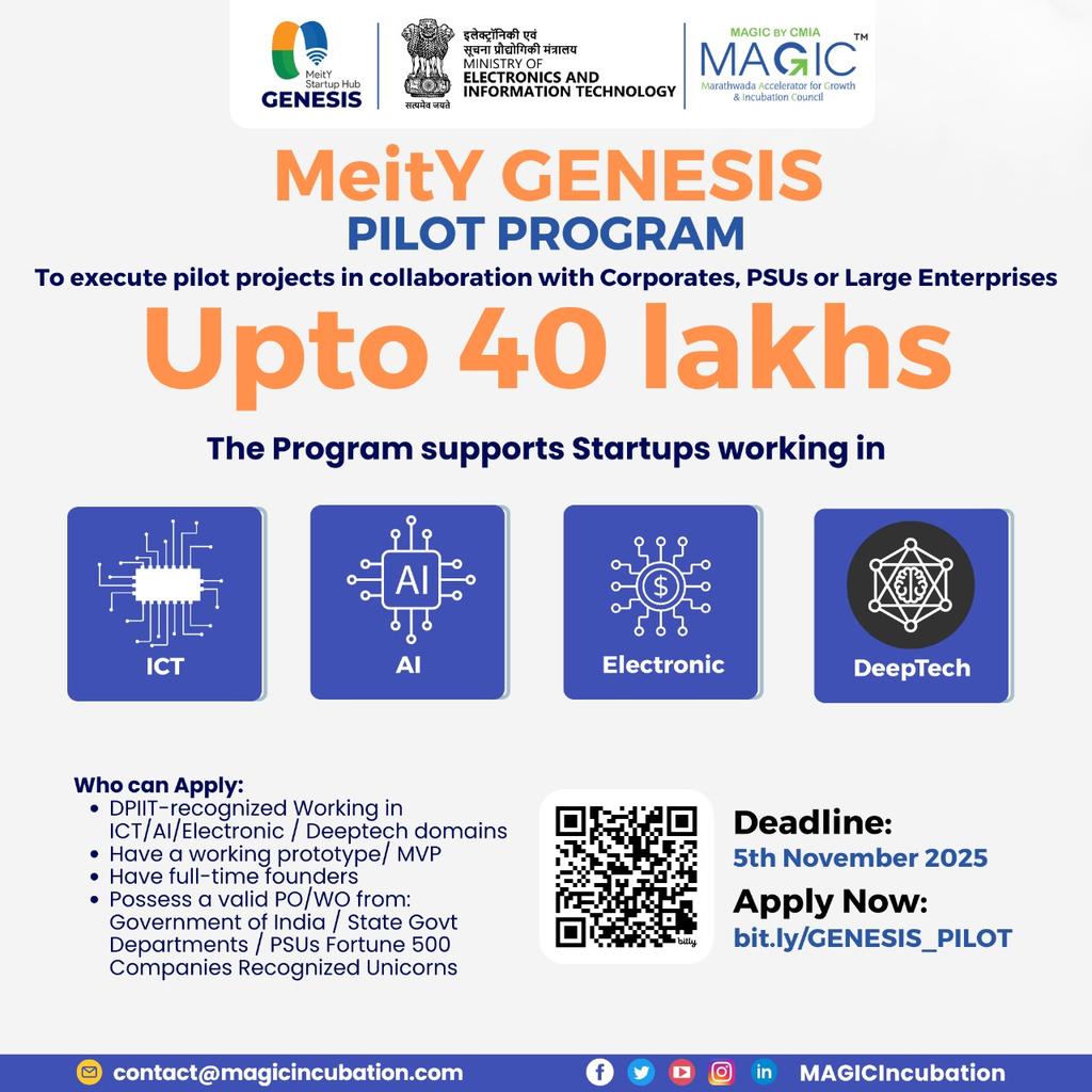 Attention Startups!

Here’s a golden opportunity to scale your innovation!
MeitY GENESIS Pilot Program — supported by the Ministry of Electronics &amp; IT and MAGIC Incubation Center, offers funding support up to ₹40 Lakhs 💰

🔹 Execute pilot projects in collaboration with