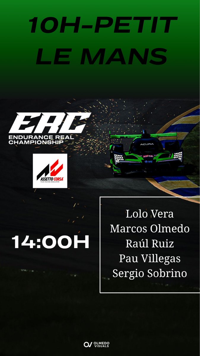 RACE DAY | ERC 10H PETIT LE MANS

 Vamos con todo a por la victoria en una de las carreras más importantes del panorama nacional de Assetto Corsa 👊

👽 Lolo Vera
👽 Marcos Olmedo
👽 Raúl Ruiz
👽 Pau Villegas
👽 Sergio Sobrino

⏰ 14:00H
📺 twitch.tv/sobreruedas_tv