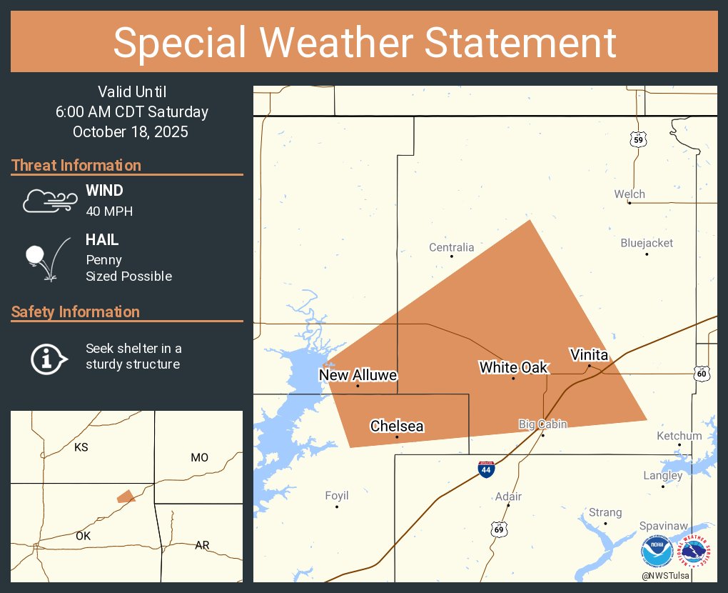 A special weather statement has been issued for Vinita OK, Chelsea OK and  White Oak OK until 6:00 AM CDT