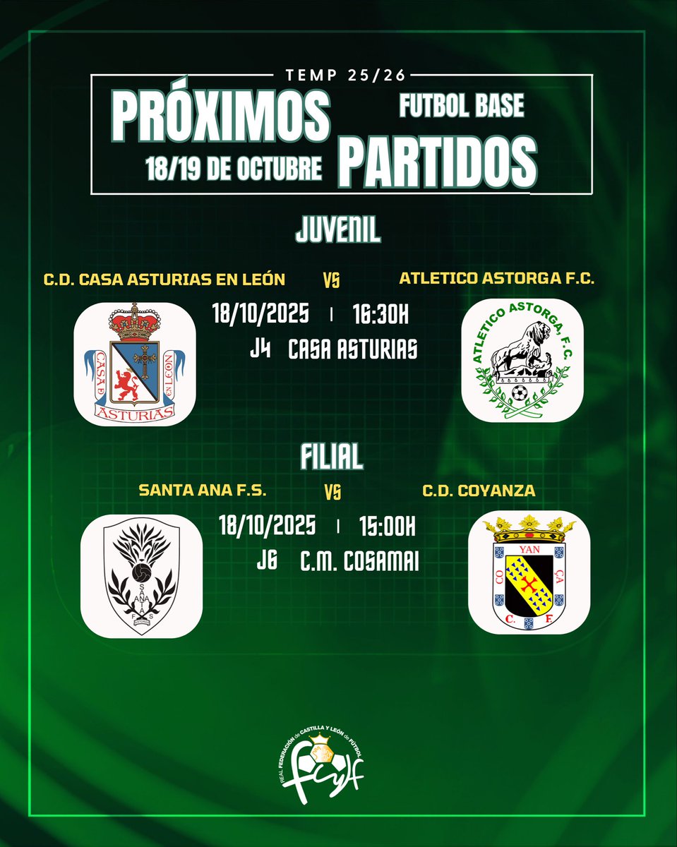 AtleticoAstorga's tweet photo. ⒻⓊⓉⒷⓄⓁ ⒷⒶⓈⒺ | 𝙷𝙾𝚁𝙰𝚁𝙸𝙾𝚂
Os dejamos por aquí los horarios de este fin de semana de nuestros equipos de futbol base.
#AtlAstorgaJuvenil
#SantaAnaFS
#FutbolBase
#VamosVerdes💚⚽️ https://t.co/Qjnj35HaWv