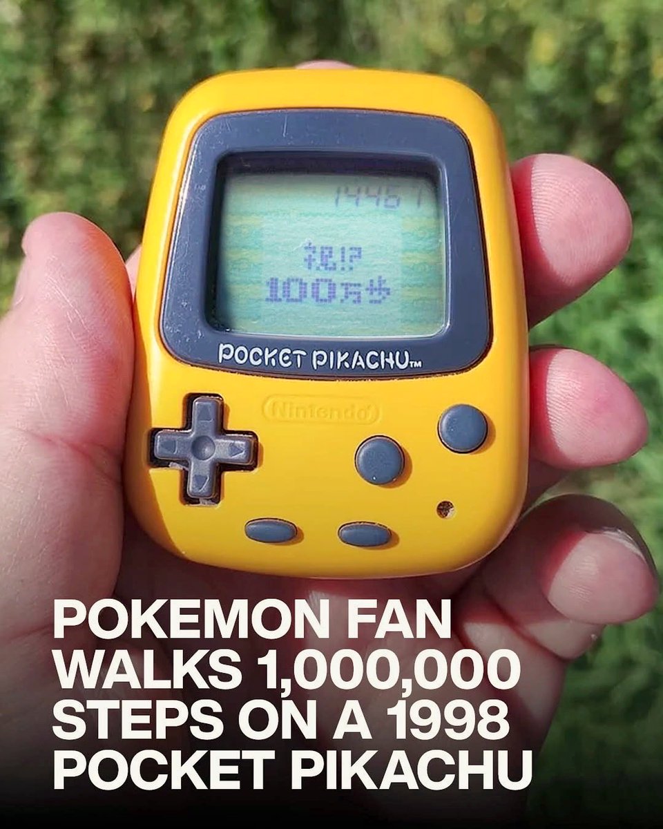 PikaStep's tweet photo. Over a decade before Fitbit, Pokémon was already gamifying movement.

In 2025, one fan walked 1mil steps on the original device: the max it could count.
After months of effort, the screen flashed:

Congratulations! 1,000,000 steps.

A 25-year-old toy, still workingperfectly. https://t.co/eONOK3VkRs