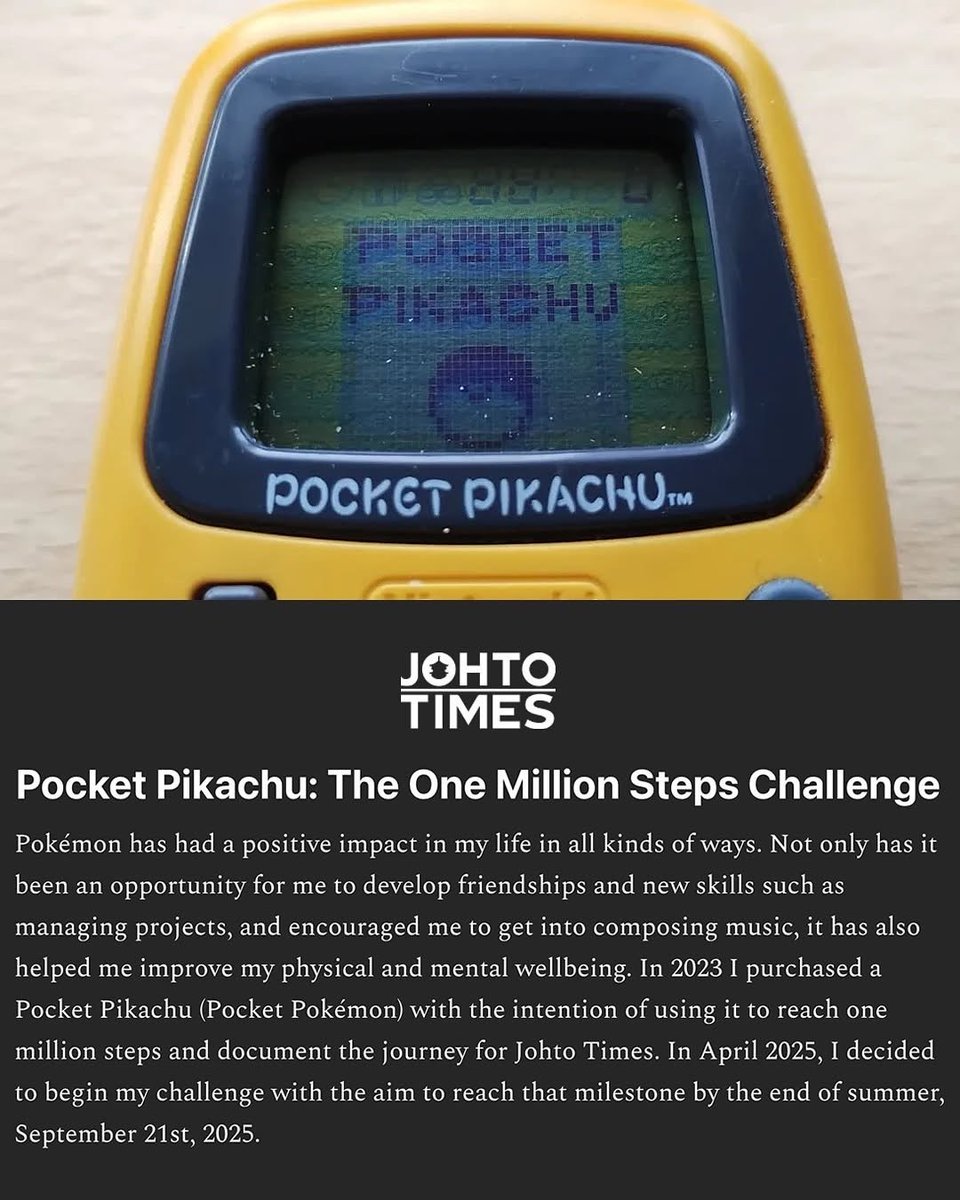 PikaStep's tweet photo. Over a decade before Fitbit, Pokémon was already gamifying movement.

In 2025, one fan walked 1mil steps on the original device: the max it could count.
After months of effort, the screen flashed:

Congratulations! 1,000,000 steps.

A 25-year-old toy, still workingperfectly. https://t.co/eONOK3VkRs