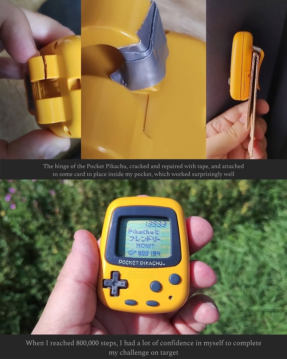 PikaStep's tweet photo. Over a decade before Fitbit, Pokémon was already gamifying movement.

In 2025, one fan walked 1mil steps on the original device: the max it could count.
After months of effort, the screen flashed:

Congratulations! 1,000,000 steps.

A 25-year-old toy, still workingperfectly. https://t.co/eONOK3VkRs