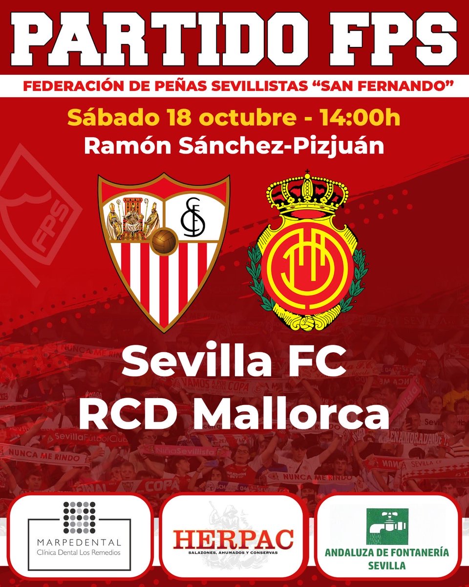 ¡Aquí no se para! ¡Vamos Sevilla!

Jornada 9️⃣ de <a href="/LaLiga/">LALIGA</a> 

<a href="/SevillaFC/">Sevilla Fútbol Club</a> 🆚 <a href="/RCD_Mallorca/">RCD Mallorca</a> 

🕔 14:00 horas
🏟️ Estadio Ramón Sánchez Pizjuán
💻 live.sevillafc.es

#FPSpartido #WeareSevilla

 <a href="/HerpacBarbate/">Herpac • Salazones, ahumados y conservas</a> <a href="/marpedental/">Marpedental</a> #Andaluzadefontaneria