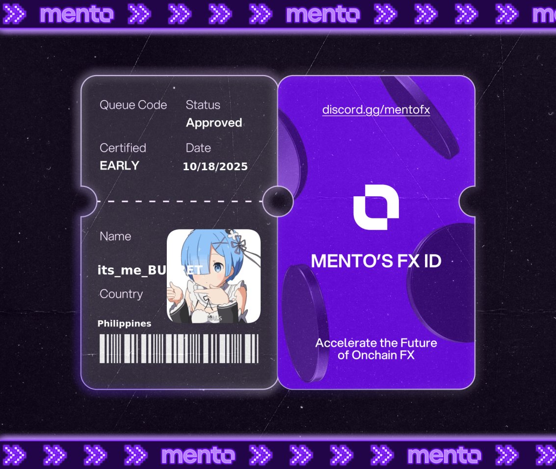 BugretNft's tweet image. I’m now verified early to the global onchain FX layer, with my Mento FX ID.

The future of money runs here w/ @MentoLabs

fx/acc 

discord.gg/mentofx