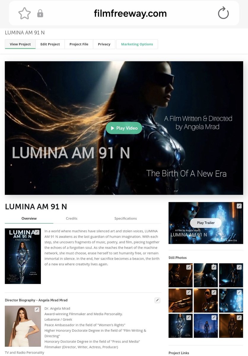 I Don’t Follow The Future Of Cinema..
I Invent It ✨️🏆 💫🚀 
The camera is my spaceship; every film is a journey beyond today 🎬📽
LUMINA AM 91 N isn’t just a character, she’s me.
#AngelaMrad #AwardWinner #BestVisionary #Filmmaker #LUMINAAM91N #WomenInCinema