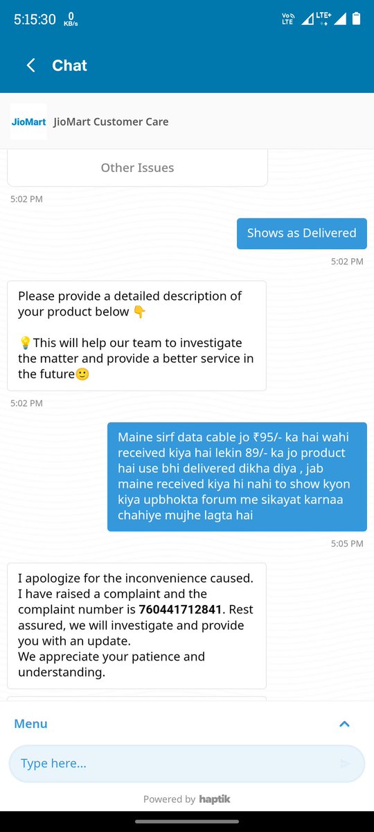 Hello <a href="/JioMart/">JioMart</a> It is useless that we support the local ones. It is because of you crazy people that people use foreign Amazon apps. The order in my has not been delivered yet. If you have any shame left, will you take action on this?